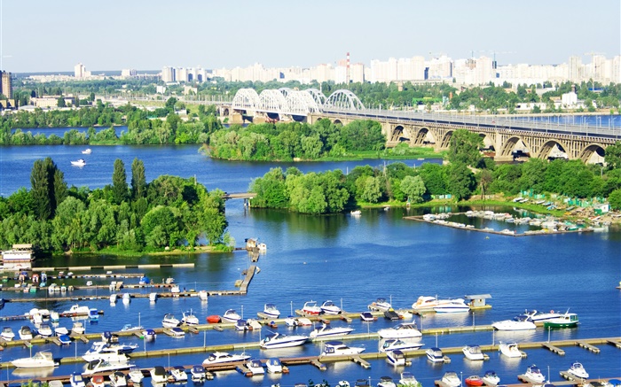 Ukraine, ville, rivière, pont, quai, bateaux, arbres Fonds d'écran, image