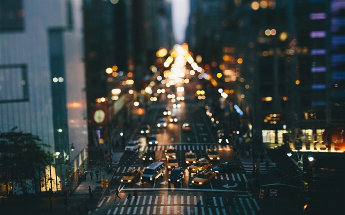 États-Unis, New York, nuit, bâtiments, rues, voitures, lumières, bokeh Fonds d'écran, image