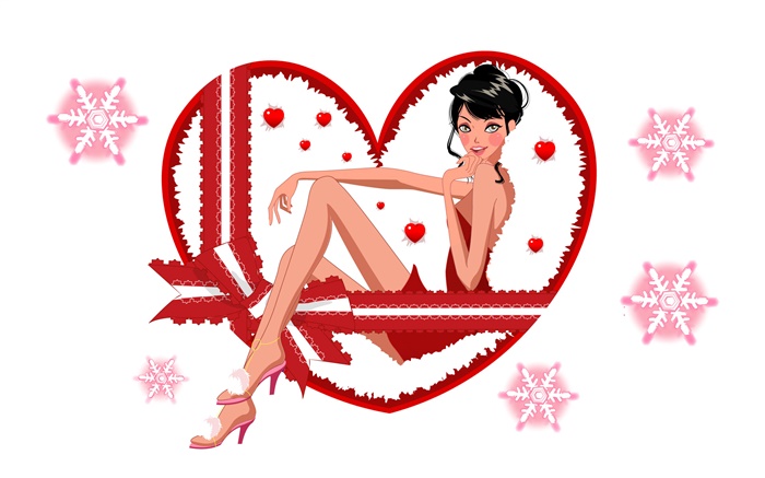 Vector illustration, belle jeune fille, flocon de neige, coeurs d'amour Fonds d'écran, image