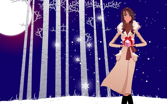 Illustration vectorielle, fille, hiver, neige, arbres, cadeaux Fonds d'écran, image