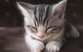 Aquarelle sur papier, chaton mignon sommeil