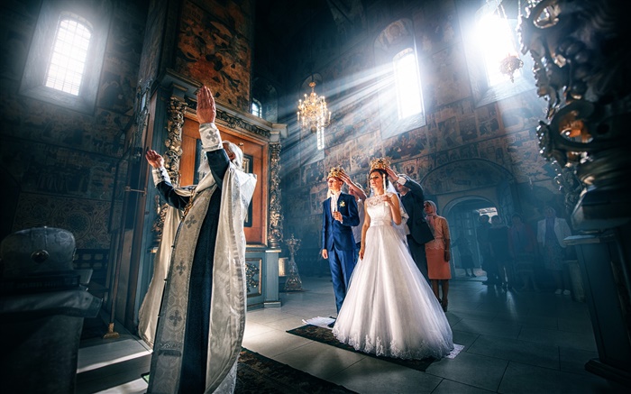 Mariage, marié, jeune mariée, église, la lumière Fonds d'écran, image