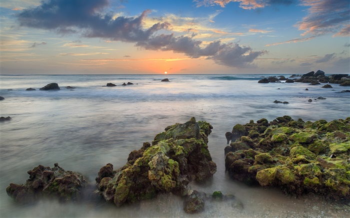 Aruba, des Caraïbes, Arashi Bay, pierres, mer, côte, coucher du soleil, nuages Fonds d'écran, image