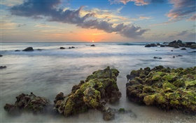 Aruba, des Caraïbes, Arashi Bay, pierres, mer, côte, coucher du soleil, nuages