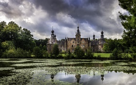 Belgique, Château Ooidonk, étang, arbres, nuages, crépuscule HD Fonds d'écran
