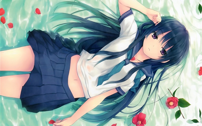 Blue hair anime girl, pose, herbe couchée, fleurs Fonds d'écran, image