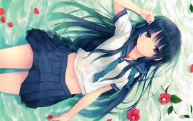 Blue hair anime girl, pose, herbe couchée, fleurs