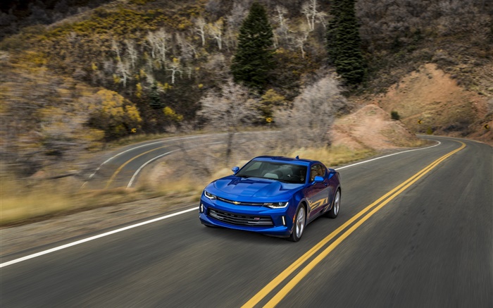 Chevrolet Camaro bleue supercar, la route, la vitesse Fonds d'écran, image