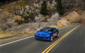Chevrolet Camaro bleue supercar, la route, la vitesse