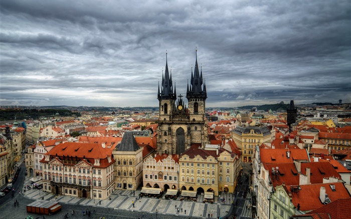 République tchèque, Prague, ville, Place de la Vieille Ville, l'église Tyn, maisons Fonds d'écran, image