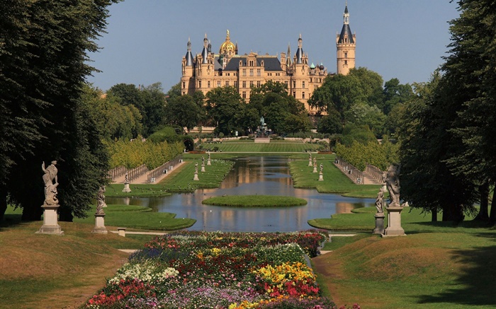 Allemagne, Schwerin, château, architecture, parc, arbres, fleurs Fonds d'écran, image