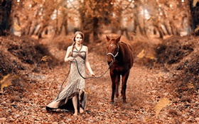 Fille et le cheval, l'automne, les feuilles jaunes HD Fonds d'écran
