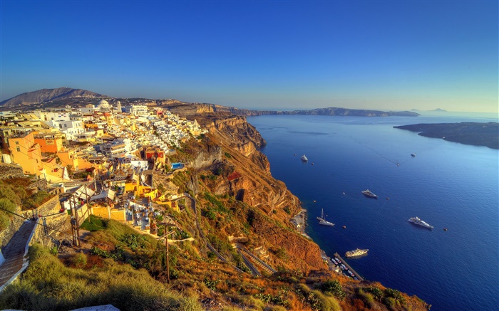 Grèce, Santorin, sur la côte, la mer, les bateaux, baie, maisons Fonds d'écran, image