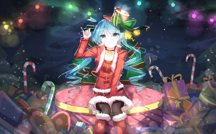 Hatsune Miku, Noël anime girl, chapeau, sourire, cadeaux Fonds d'écran, image