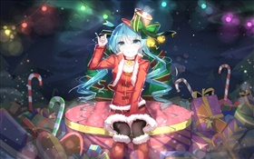 Hatsune Miku, Noël anime girl, chapeau, sourire, cadeaux HD Fonds d'écran