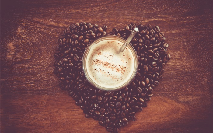 Aimez les grains de café de coeur, table, tasse, boisson Fonds d'écran, image