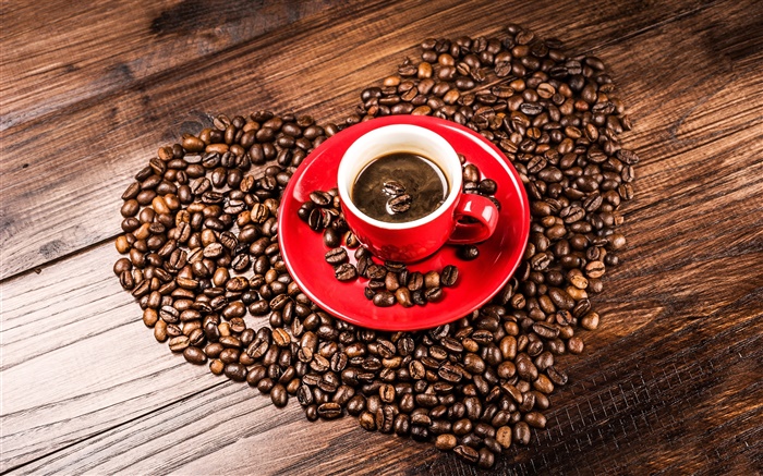 Les cœurs l'amour de grains de café, les céréales, tasse rouge, soucoupe Fonds d'écran, image
