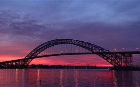 États-Unis, New Jersey, Bayonne Bridge, rivière, coucher de soleil, crépuscule