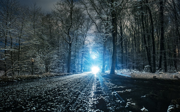 Hiver, route, arbres, trou, la neige, la lumière Fonds d'écran, image
