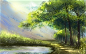 Belle peinture, forêt, lac, arbres HD Fonds d'écran