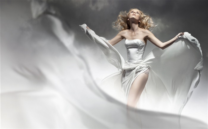 Jeune fille blonde, robe blanche, le vent, comme l'ange Fonds d'écran, image