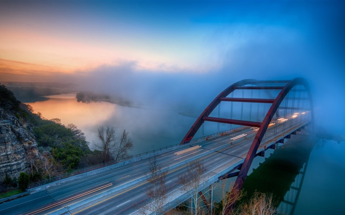 Pont, rivière, brouillard, arbres, nuages, aube Fonds d'écran, image