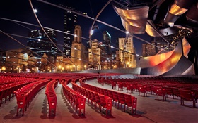 Chicago, Illinois, États-Unis, des bâtiments, des gratte-ciel, des chaises, la nuit