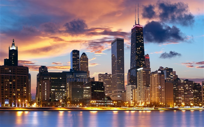 Chicago, États-Unis, la rivière, les maisons, le soir, les lumières Fonds d'écran, image