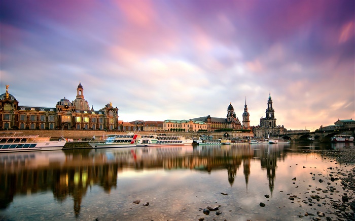 Dresde, Allemagne, matin, bâtiments, bateaux, rivière Elbe Fonds d'écran, image