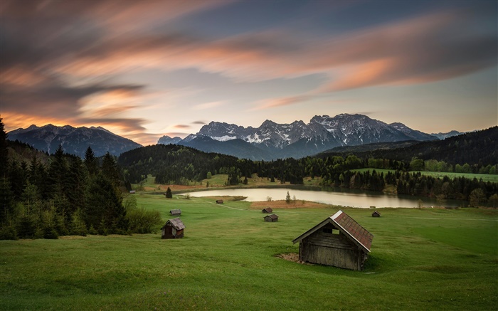 Allemagne, Bavière, Alpes, montagnes, maisons, arbres, lac Fonds d'écran, image
