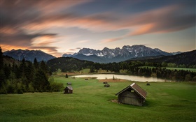 Allemagne, Bavière, Alpes, montagnes, maisons, arbres, lac HD Fonds d'écran