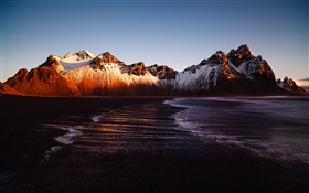 Islande, Stokksnes, montagne, mer, coucher de soleil
