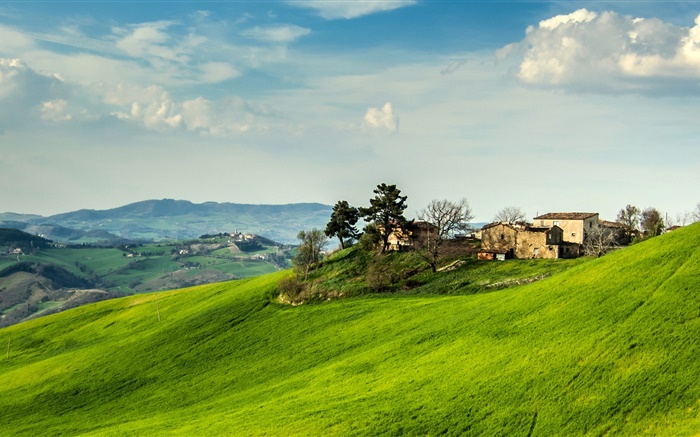 Italie, la pente, l'herbe, maison, arbres, nuages Fonds d'écran, image