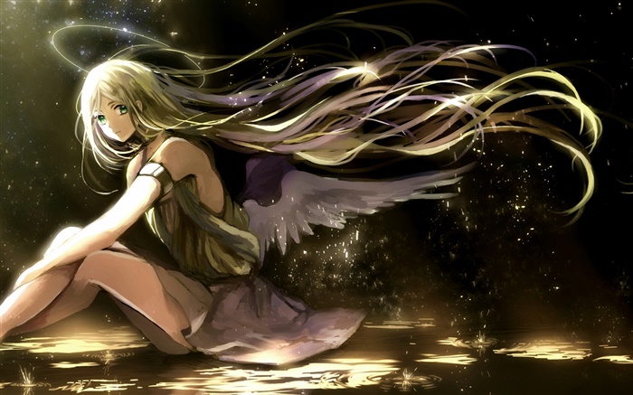 Les cheveux longs anime girl, ailes, ange, halo de lumière Fonds d'écran, image
