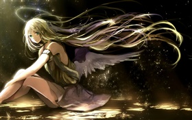Les cheveux longs anime girl, ailes, ange, halo de lumière HD Fonds d'écran