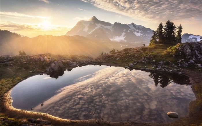 Montagnes, étang, réflexion de l'eau, l'aube, le lever du soleil Fonds d'écran, image
