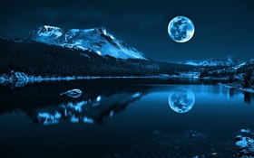 Nuit, lune, lac, montagnes, réflexion, pierres