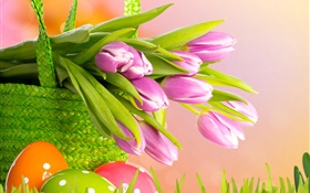 tulipes pourpres, fleurs, panier, Pâques, le printemps
