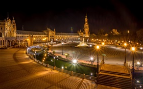 Séville, Espagne, carrés, bâtiments, nuit, lumières