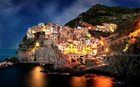 Amalfi, Italie, nuit, côte, ville, roches, maison, lumières, bateaux