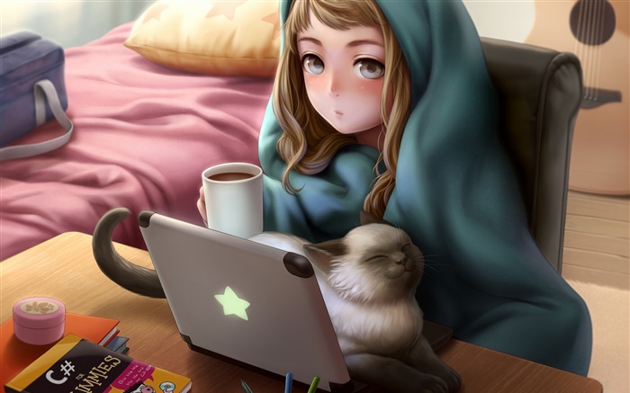 Anime utilisation fille ordinateur portable, salle, chat, thé Fonds d'écran, image