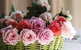 Panier, roses, rose, blanc, fleurs rouges HD Fonds d'écran