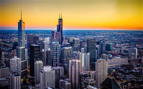Chicago, Illinois, États-Unis, la ville, crépuscule, gratte-ciel, coucher de soleil