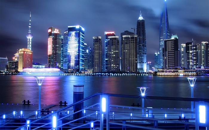 Chine, Shanghai, la nuit de la ville, les gratte-ciel, lumières, rivière Fonds d'écran, image
