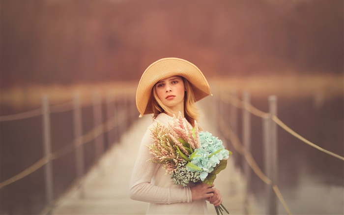 Fille au pont, blond, chapeau, portrait, fleurs Fonds d'écran, image