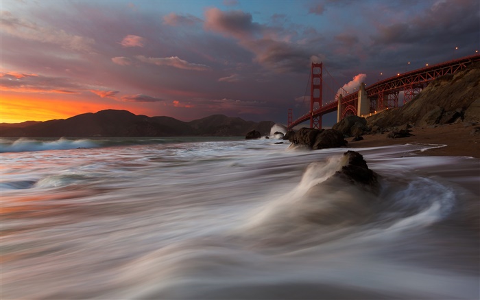 Golden Gate Bridge, Marshall Plage, mer, Etats-Unis, San Francisco, la nuit, les nuages Fonds d'écran, image