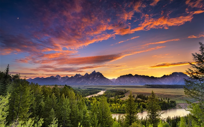 Grand Teton National Park, États-Unis, montagnes, rivière, arbres, nuages, coucher de soleil Fonds d'écran, image