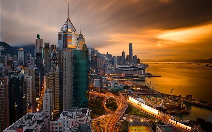 Hong Kong, la Chine, la nuit de la ville, port, ciel, bâtiments, nuit Fonds d'écran, image