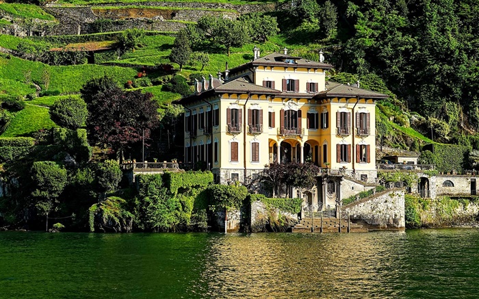 Italie, Lac de Côme, maison, villa, terrain en pente Fonds d'écran, image