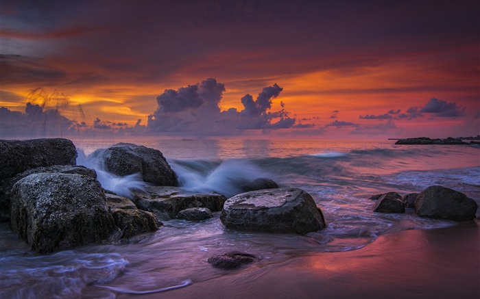 Khao Lak Beach, Thaïlande, mer, coucher de soleil, pierres Fonds d'écran, image